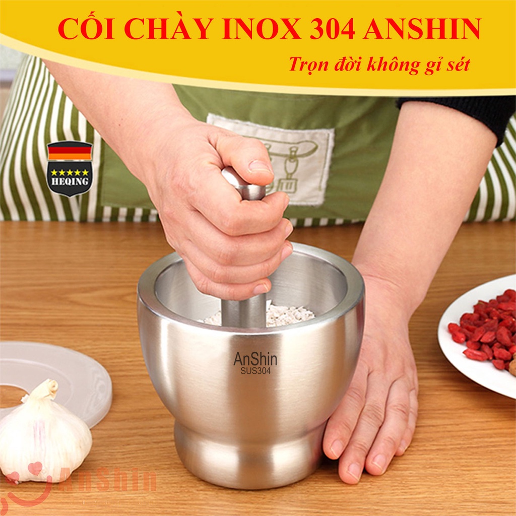 Cối chày Inox 304 chính hãng Anshin - size lớn dáng ly đường kính 13cm - kháng khuẩn, chống nấm mốc