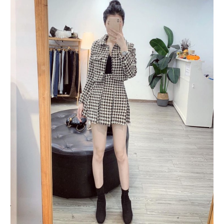 Set dạ tweed gồm áo kèm chân váy sang chảnh kèm ảnh thật