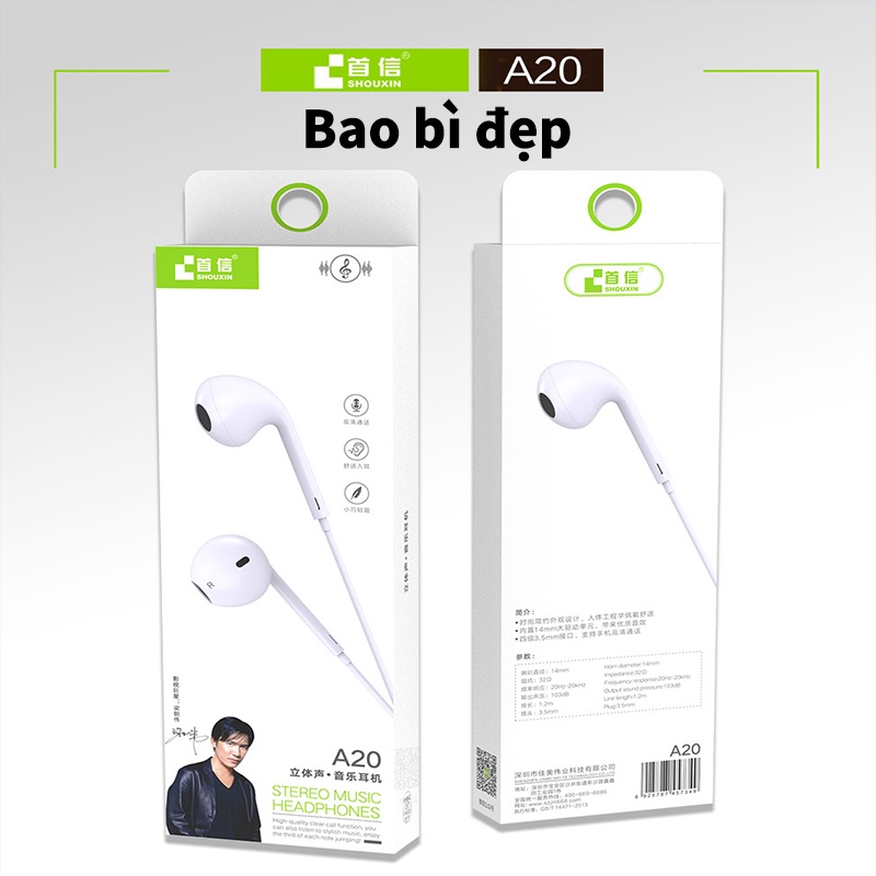 Tai nghe có dây NBX A20 jack cắm 3.5mm âm thanh nổi hỗ trợ gọi trả lời cho Android và Apple