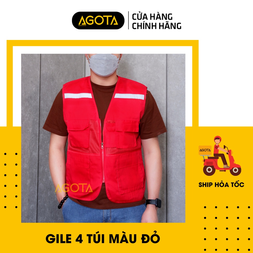 Áo gile bảo hộ 4 túi hộp vải kaki poly phối lưới màu đỏ - AGOTA