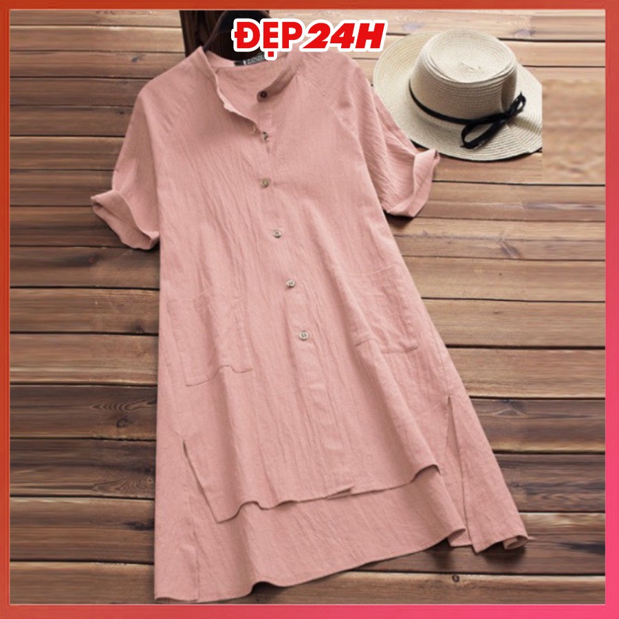 Sơ mi váy sang chảnh, form dài rộng giấu quần, chất liệu Đũi siêu xinh, áo kiểu váy chùm mông Đẹp 24 giờ - AKH.35 | BigBuy360 - bigbuy360.vn