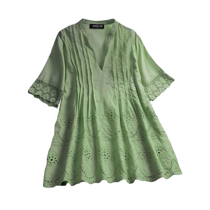 Áo Kiểu Vải Lanh Cotton Tay Ngắn Dáng Rộng Cổ Chữ V Thời Trang Mùa Hè 2019 Cho Nữ