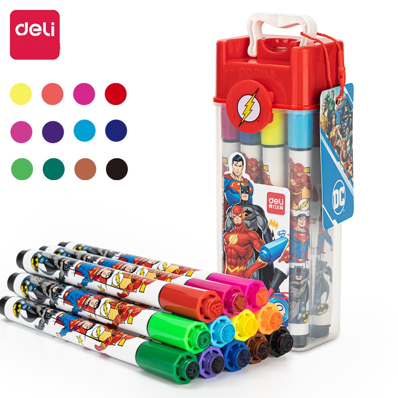 Bút màu nước hộp nhựa quai xách Deli họa tiết siêu nhân - 12 màu/24 màu/36 màu - HE100