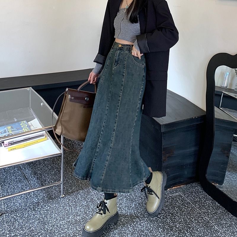 Chân váy bò đuôi cá thanh lịch đáng yêu cực độc, jeans dáng dài xếp ly
