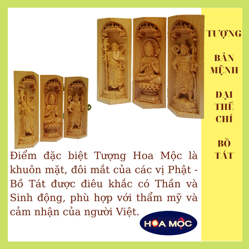 Hộp tượng Phật bản mệnh Đại Thế Chí Bồ Tát, hai vị Già Lam hộ pháp Vi Đà Tôn Thiên – Quan Vũ bằng gỗ
