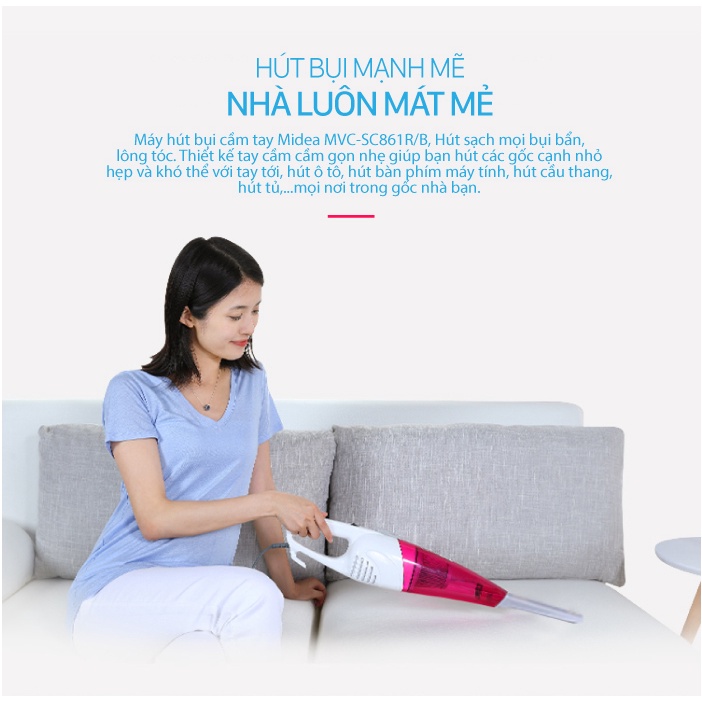 Máy hút bụi Midea cầm tay MVC-SC861R - Công suất 600w hút bụi mịn, vệ sinh ô tô