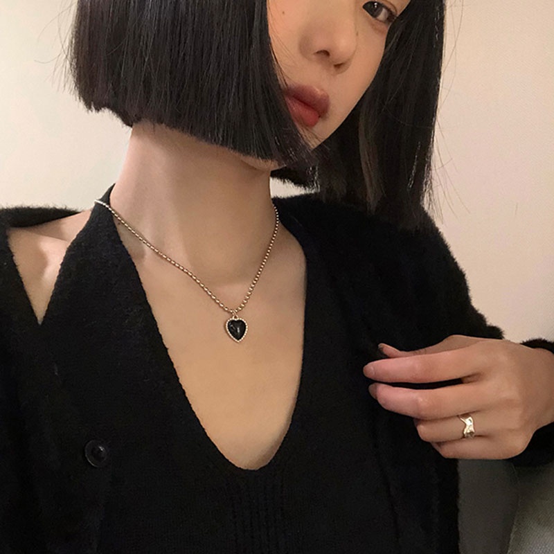 Dây chuyền chuỗi hạt mặt hình trái tim màu đen phong cách cổ điển dễ phối đồ thời trang dành cho nữ