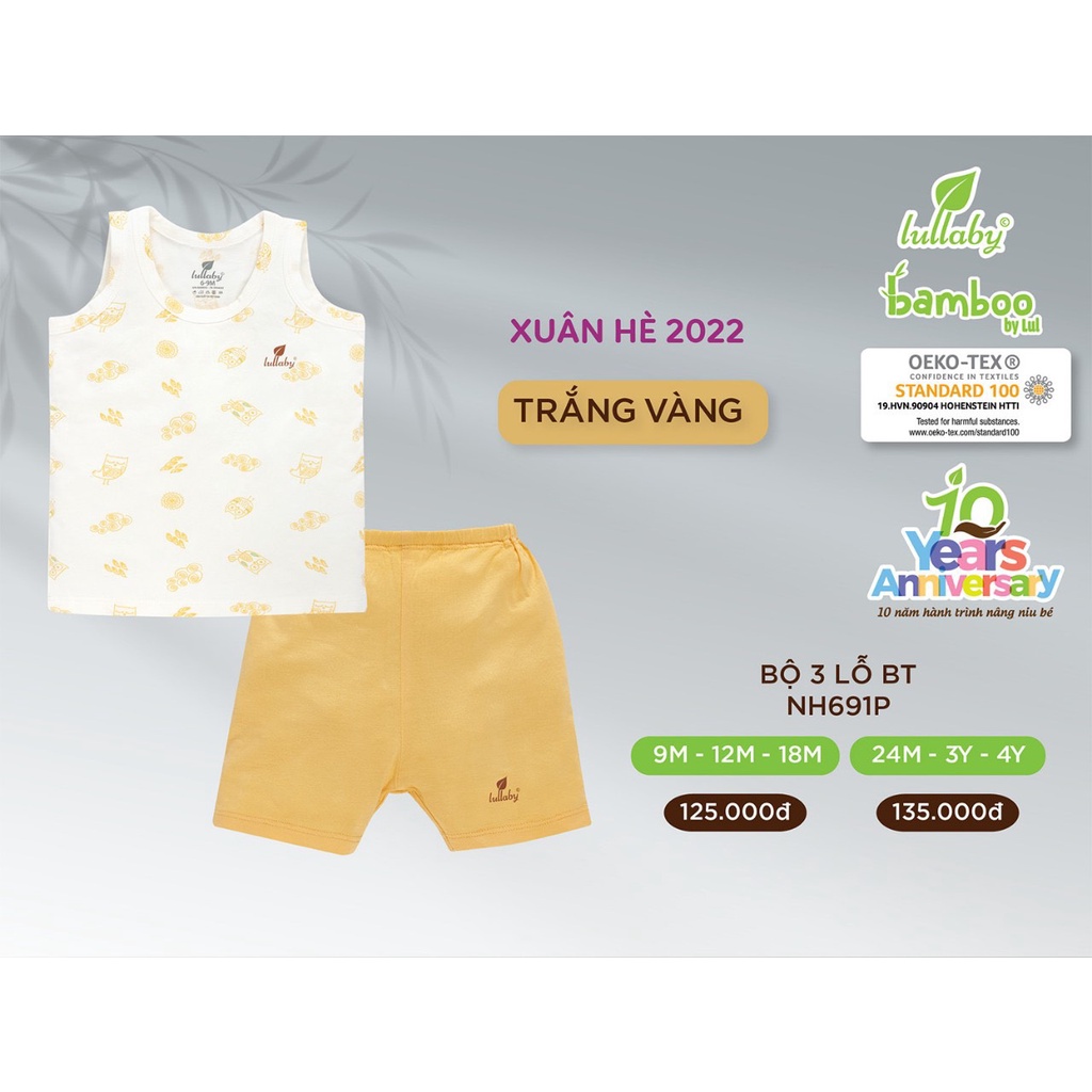 Bộ Lullaby Premium Bamboo cao cấp thoáng mát thấm hút tốt an toàn bộ ba lỗ cho bé trai bé gái NHNH691P