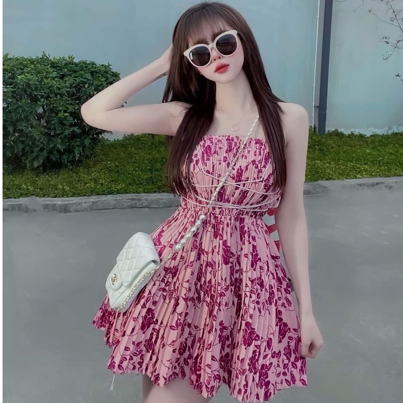 Đầm xoè 2 dây cao cấp,váy hoa thiết kế dập ly phối dây cực xinh,váy hoa nhí 2 dây dáng ngắn sang chảnh KIM037