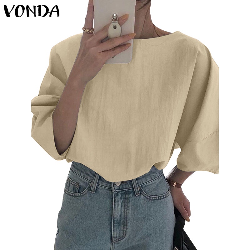 Áo kiểu VONDA cổ thuyền tay lỡ 3/4 màu trơn phong cách Hàn Quốc thời trang dành cho nữ