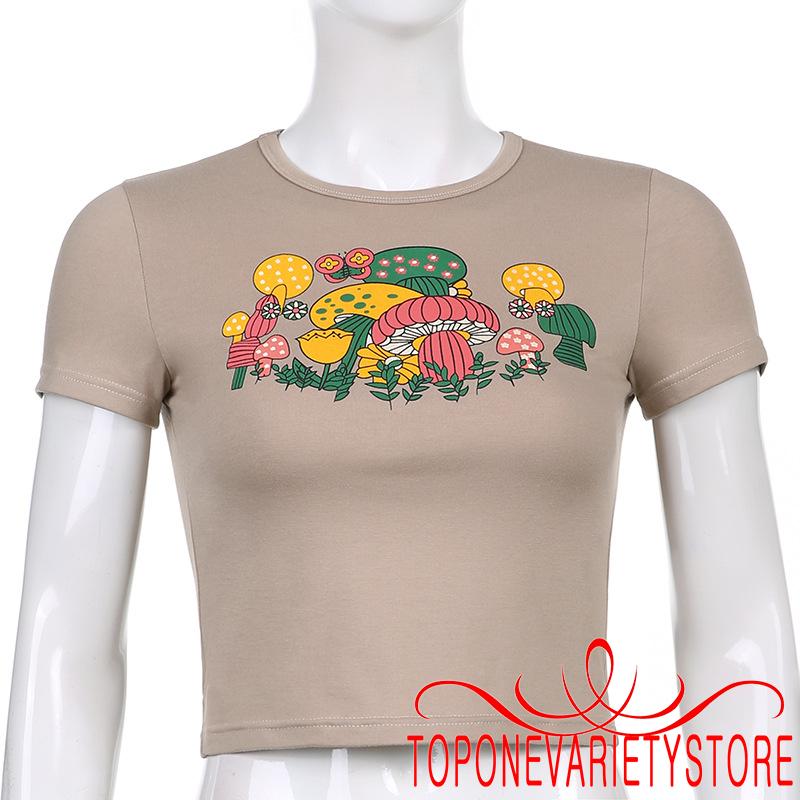 Áo Crop Top Nữ Ngắn Tay In Hình Cây Nấm