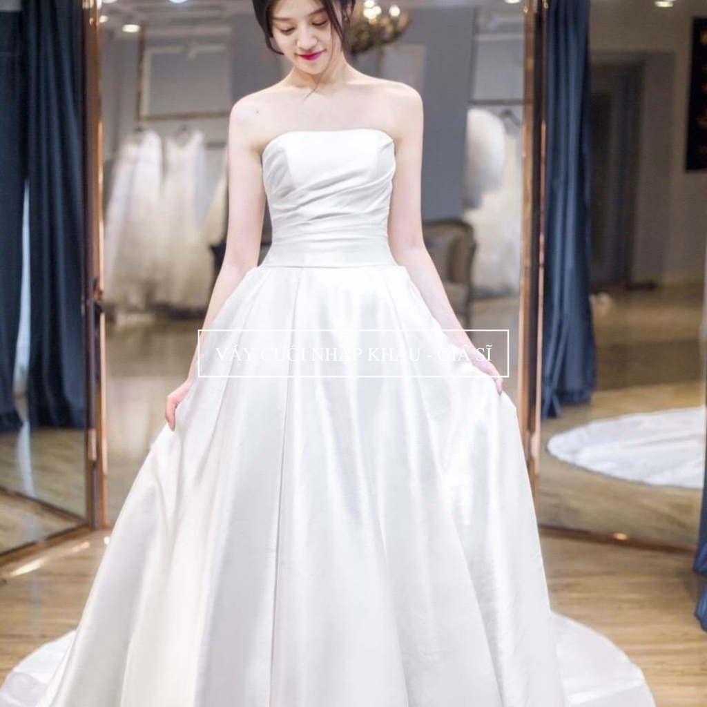 Váy cưới satin cô dâu, váy cưới cup ngực xòe form A, form siết eo tùy chỉnh