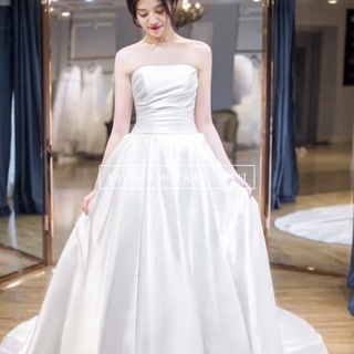 Váy cưới satin cô dâu, váy cưới cup ngực xòe form A, form siết eo tùy chỉnh