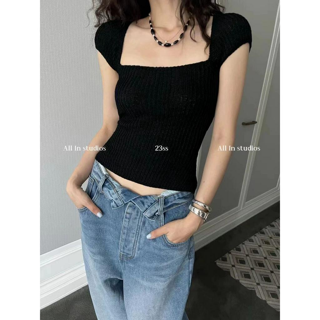 qkoole   Áo Dệt Kim Ngắn Tay Cổ Vuông Thời Trang Hàn Quốc Cho Nữ