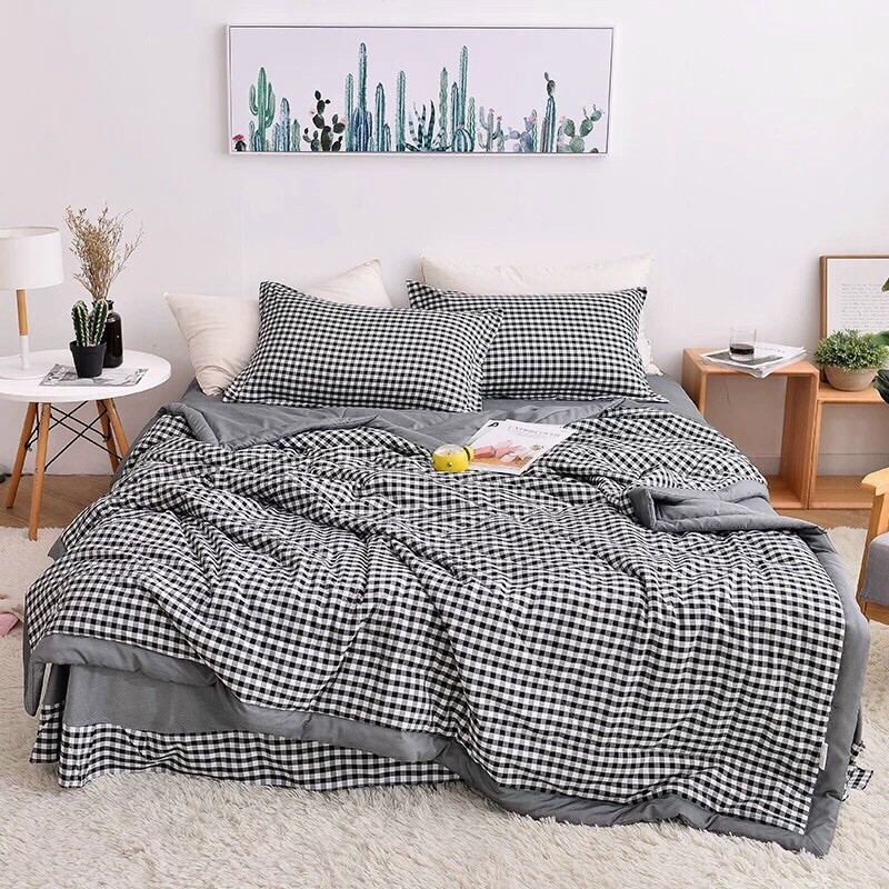 Bộ Chăn Ga Gối Cotton Đũi Kẻ Muji - Chăn Hè Chần Bông Mỏng Kích Thước 2mx2m3 Full Set 4 Món