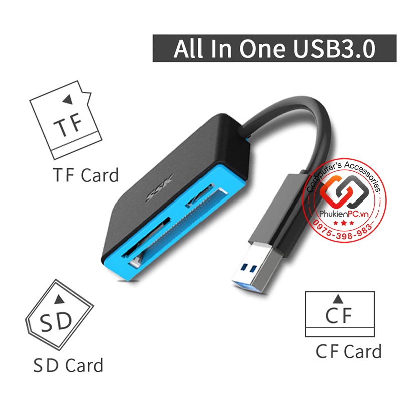 Đầu đọc thẻ USB 3.0 đa năng CompactFlash CF, SD, TF chính hãng SSK