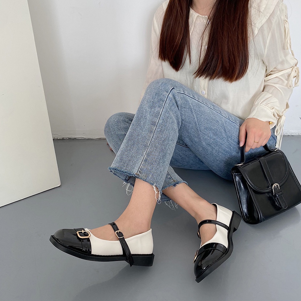 Giày Lolita nữ da bóng khuy đồng phối màu dễ thương  GKD04