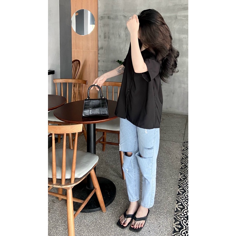Áo Sơ Mi Trắng Nữ form rộng tay ngắn lỡ kiểu dáng basic dáng suông style đi học sinh viên có túi ngực - 738