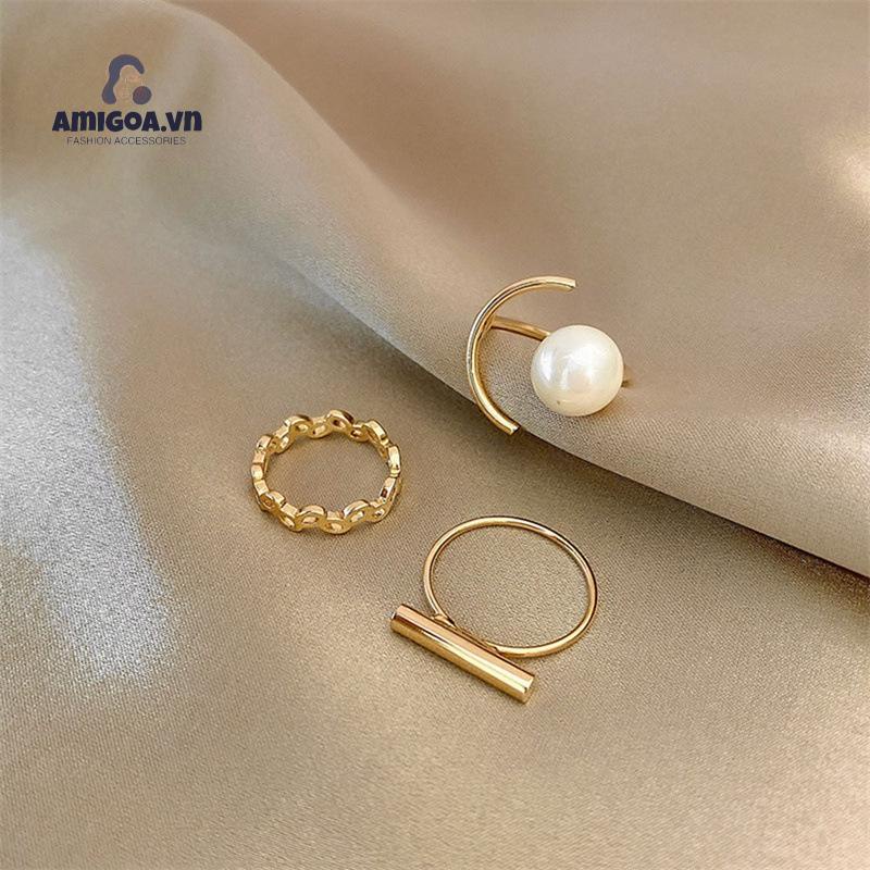 ✨✨Set 3 nhẫn thời trang khảm ngọc trai nhẹ nhàng có thể điều chỉnh tự nhiên sang trọng dành cho nữ