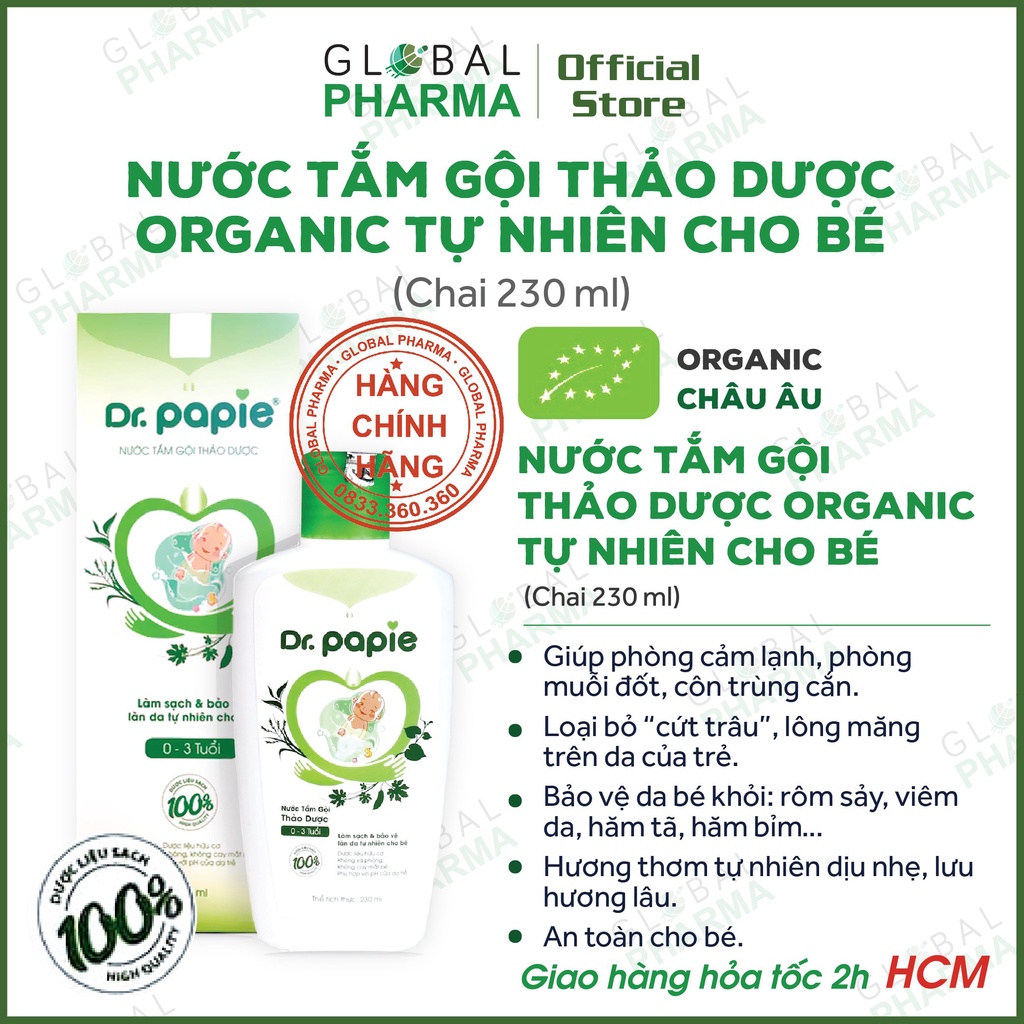 Nước Tắm Gội Thảo Dược Dr.Papie Chống Cảm Cúm và Rôm Sảy (Chai 230ml) - An Toàn Cho Bé Sơ Sinh