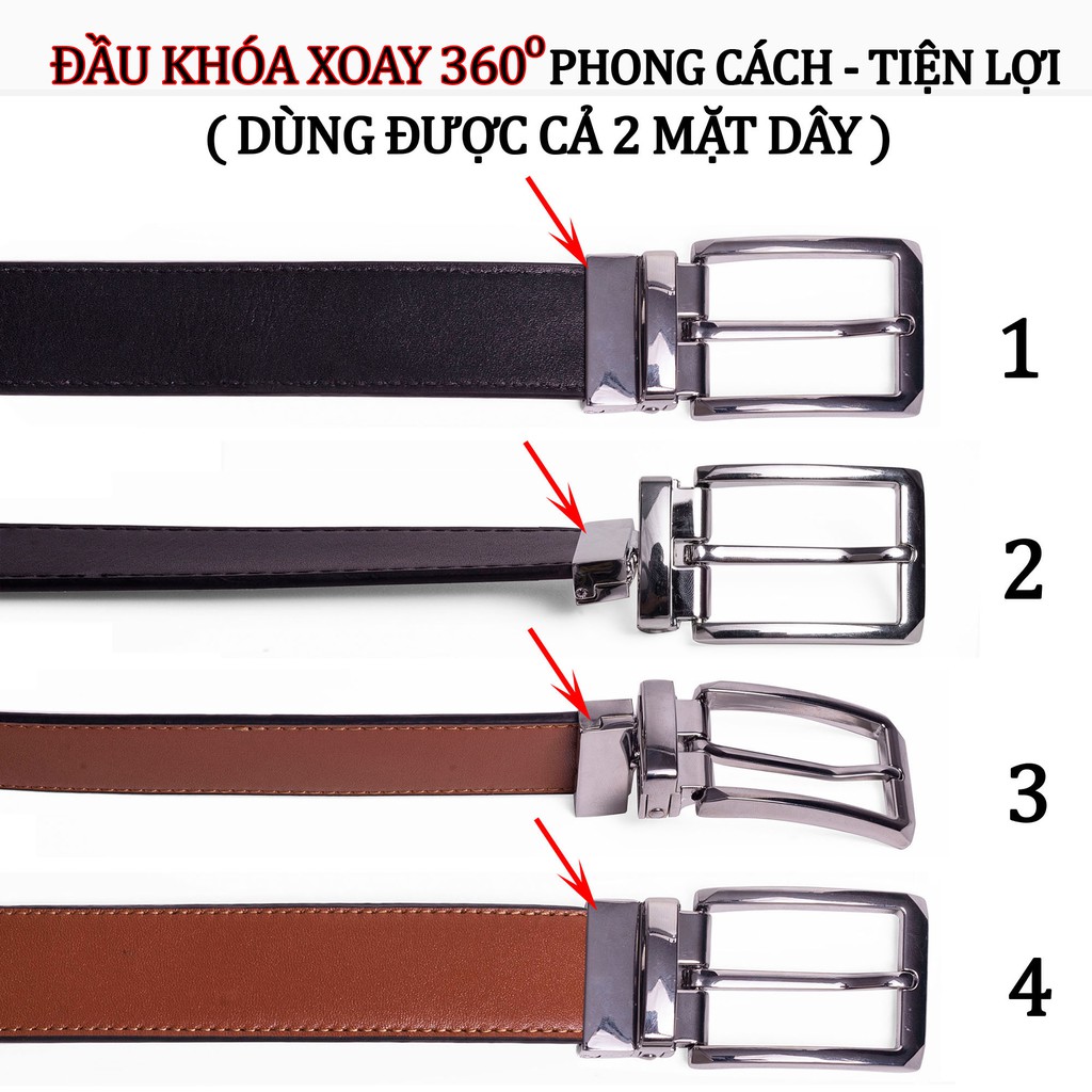 Thắt lưng da nam da bò L108 cao cấp-khóa cài xoay dùng được cả 2 mặt nâu đen