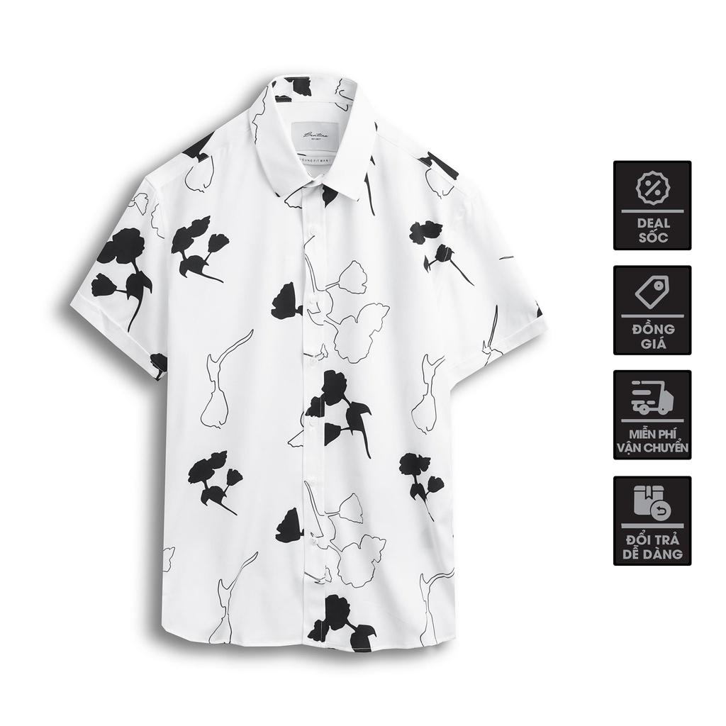 Áo Sơ Mi Cộc Tay Nam Họa Tiết Vải Cotton Dệt Sớ Chéo - BENTINO