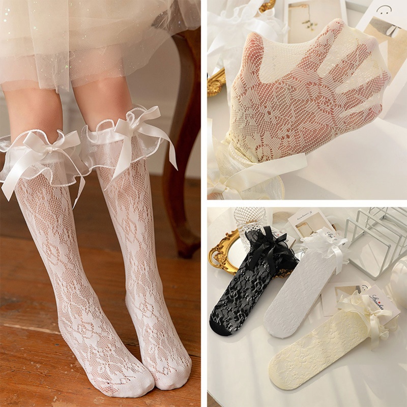 XIXI Tất Lưới Dài Qua Gối Vải Satin Trang Trí Nơ Dễ Thương Cho Bé Gái