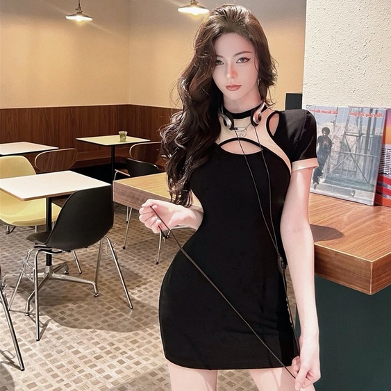 Đầm Đen Mùa Hè Ôm Dáng Tay Cộc Co Giãn Ghép Vải Gợi Cảm Phong Cách Hàn Quốc Cho Nữ