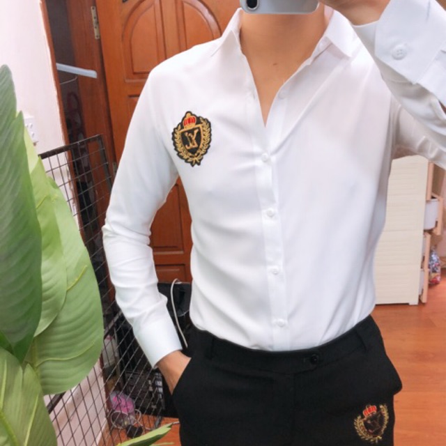 Sơ Mi Nam Trắng Phối Họa Tiết Thêu Lá Lúa cao cấp Vải Lụa Chống Nhăn Không Xù