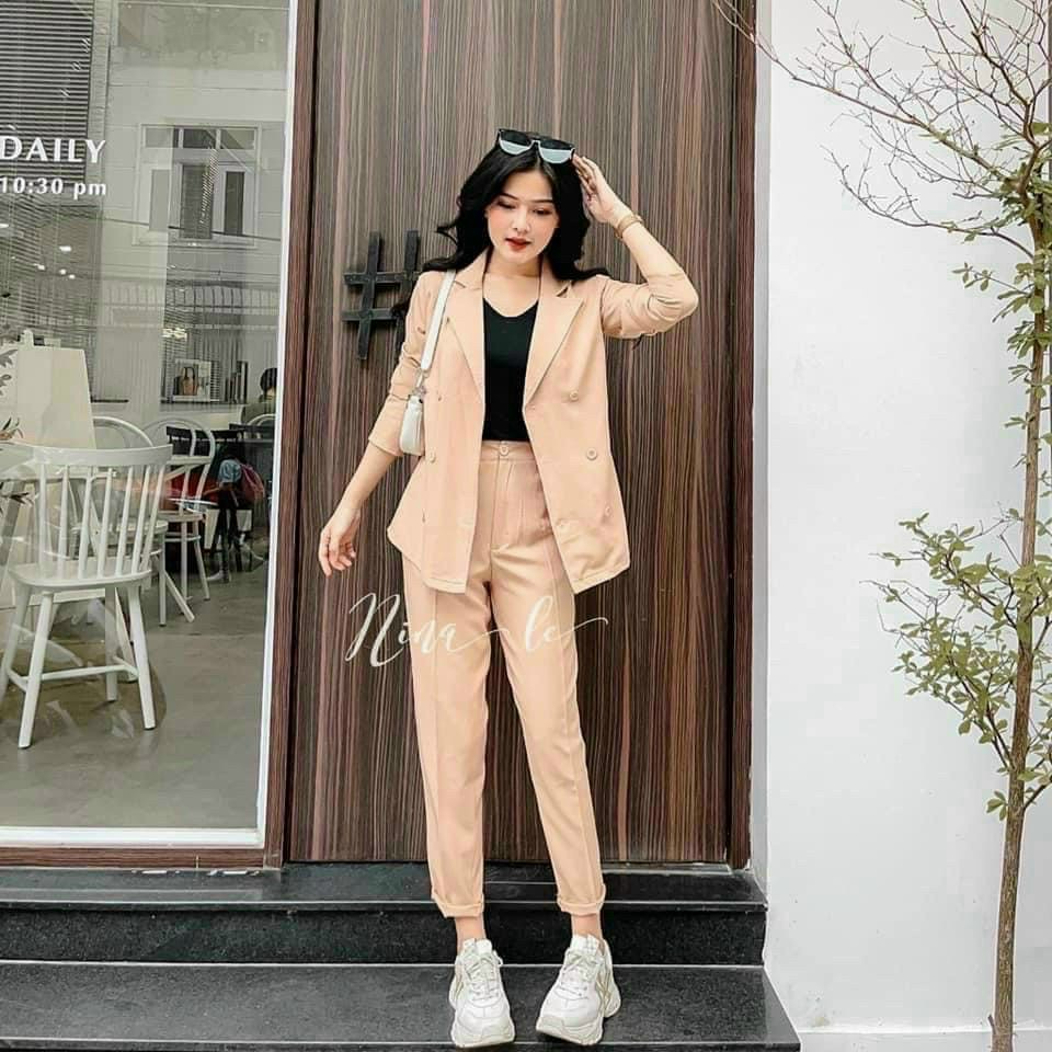 Sét bộ thời trang nữ mặc đi chơi chất for cổ vest tay dài lót cotton mix quần dài công sở