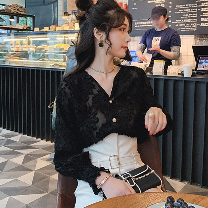 Áo kiểu tay dài cổ chữ V dáng rộng phong cách Hàn Quốc hợp thời trang cho nữ