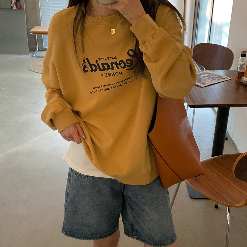 Áo thun sweater SUXI cổ tròn dài tay in chữ phong cách Hàn Quốc cho nữ