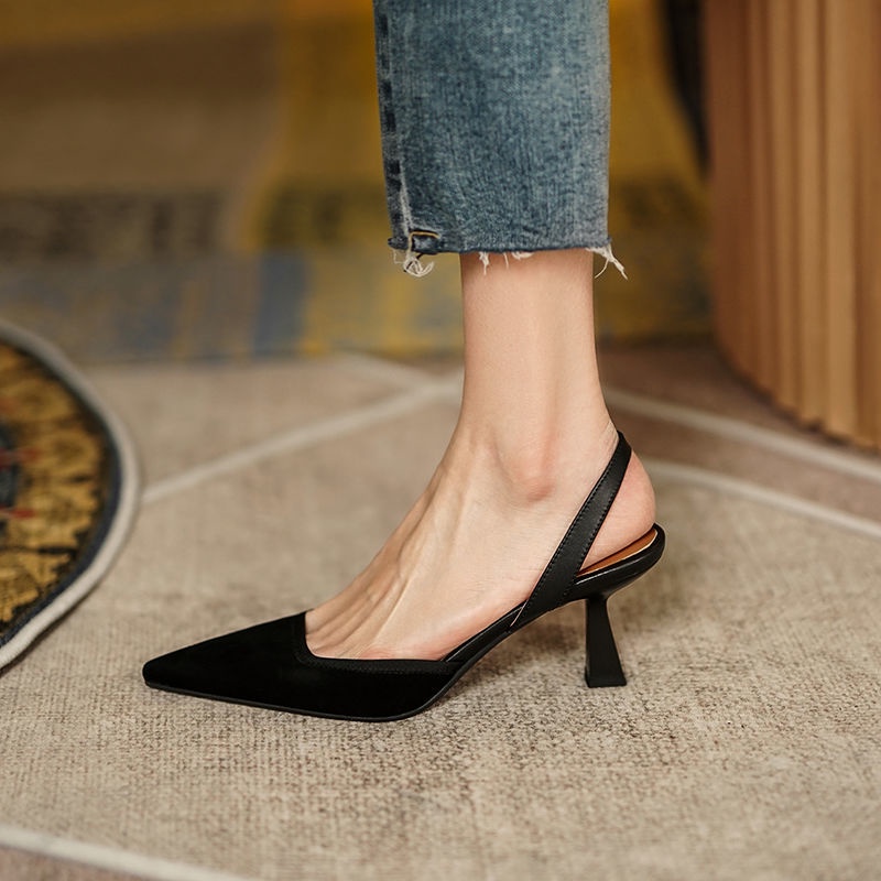 Giày quai hậu IELGY cao gót mũi nhọn màu đen phong cách Pháp dành cho nữ