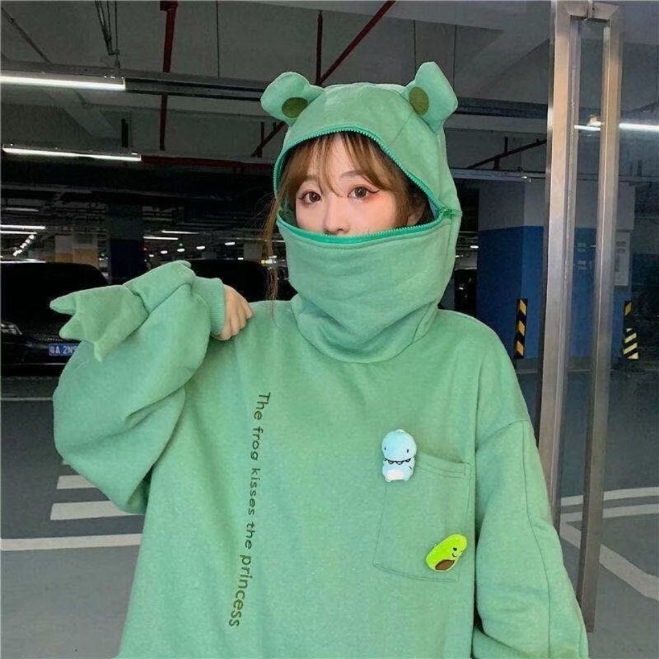 Áo hoodie hình gấu dễ thương-New trendy fashion bear and frog sweater loose autumn and winter couple clothes funny plus