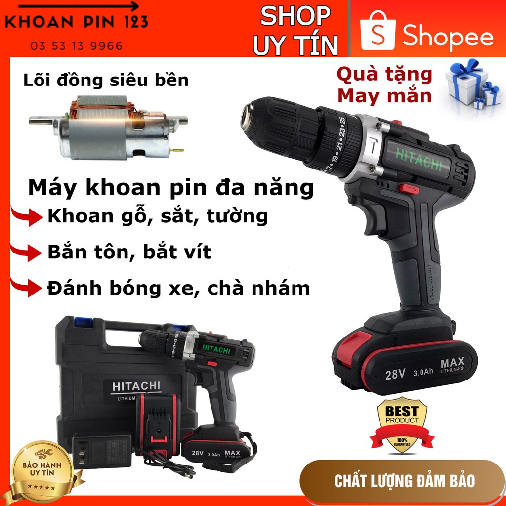 Khoan pin HITACHI 28v có búa bộ 2 pin đầy đủ