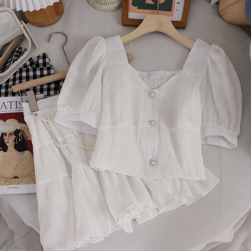 Set Áo Tay Phồng Cổ Vuông + Chân Váy Chữ A Phong Cách Mới Thời Trang Mùa Hè Cho Nữ