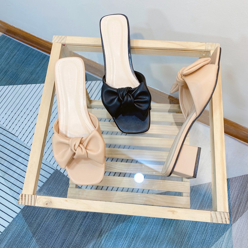 Guốc nữ Cao Gót vuông 3cm mũi hở-Dép cao gót quai ngang thắt nơ phồng to mã GNP MINHTUYETSHOES