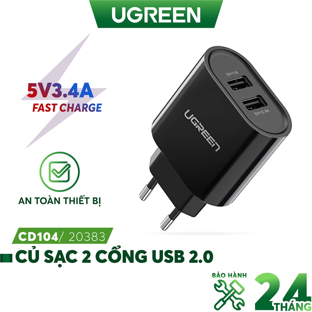 Củ sạc 2 cổng USB 2.0, hỗ trợ tổng dòng sạc 3.4A (max 2.4A) UGREEN CD104