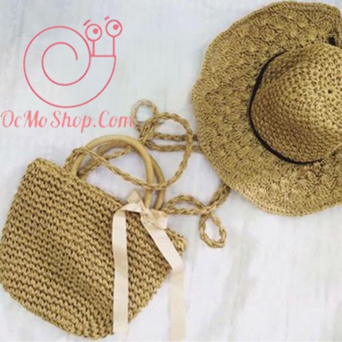 Combo tiết kiệm túi cói nơ (chọn màu) và nón cói đan mềm thắt dây da vintage