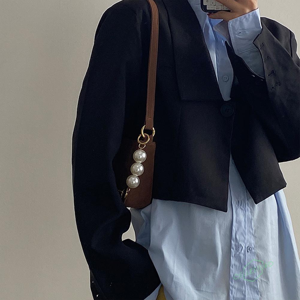 Túi đeo chéo vải nhung dây phối chuỗi hạt ngọc trai phong cách retro Pháp cho nữ