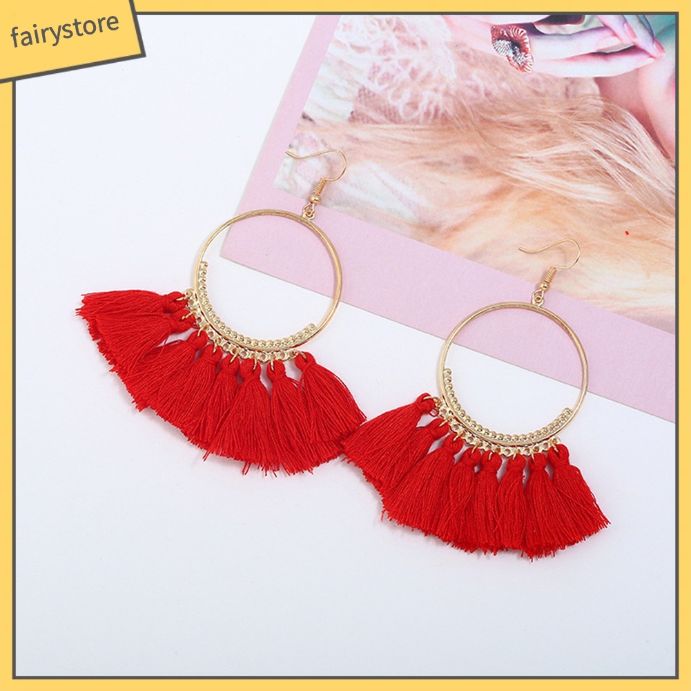 Khuyên Tai Tròn Đính Đá Phối Tua Rua Phong Cách Bohemian