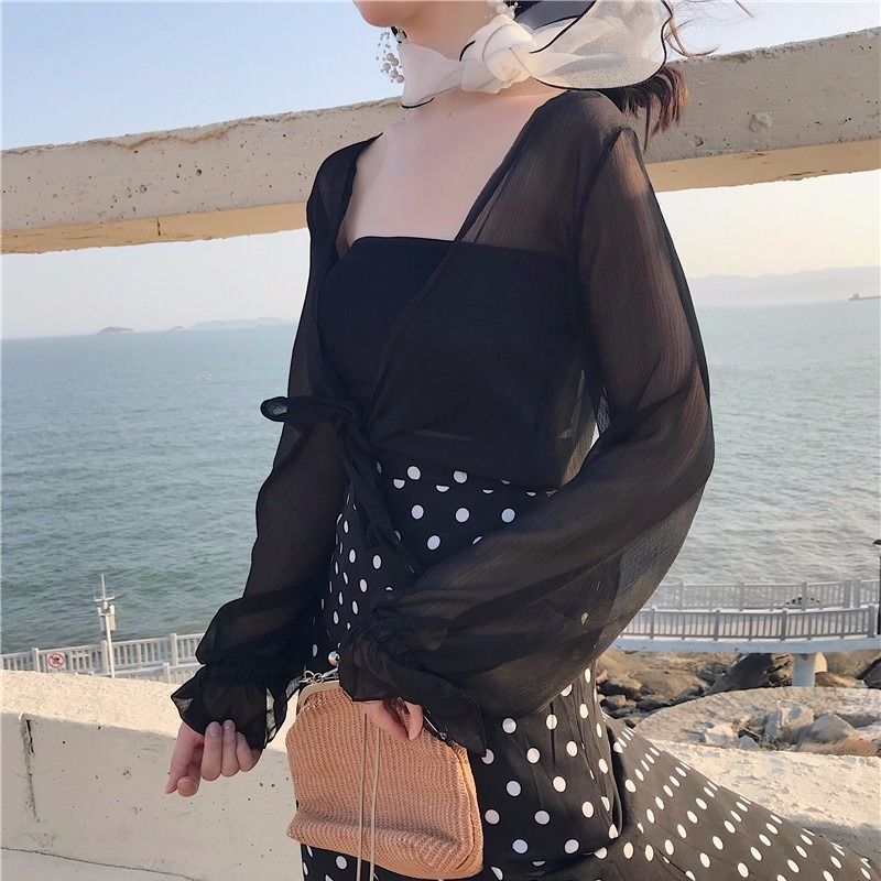 Áo khoác cardigan vải voan tay phồng thiết kế thanh lịch cho nữ F802