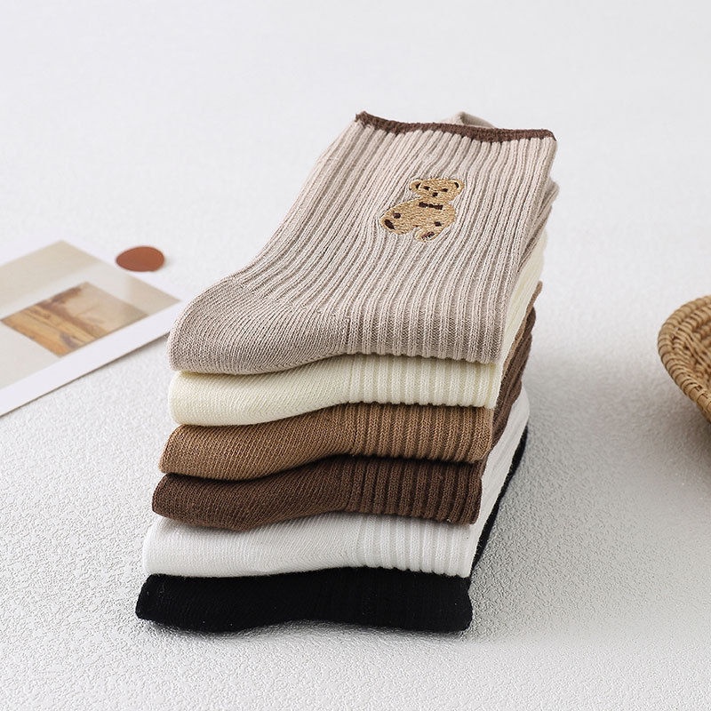 Vớ cotton Cao Vừa Thêu Họa Tiết Chú Gấu Dễ Thương Phong Cách Hàn Quốc Thời Trang Cho Nữ