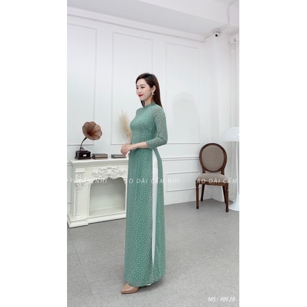 Áo dài Chấm Bi Màu Xanh, Áo dài 4 tà Voan Hàn -  Mã HN28