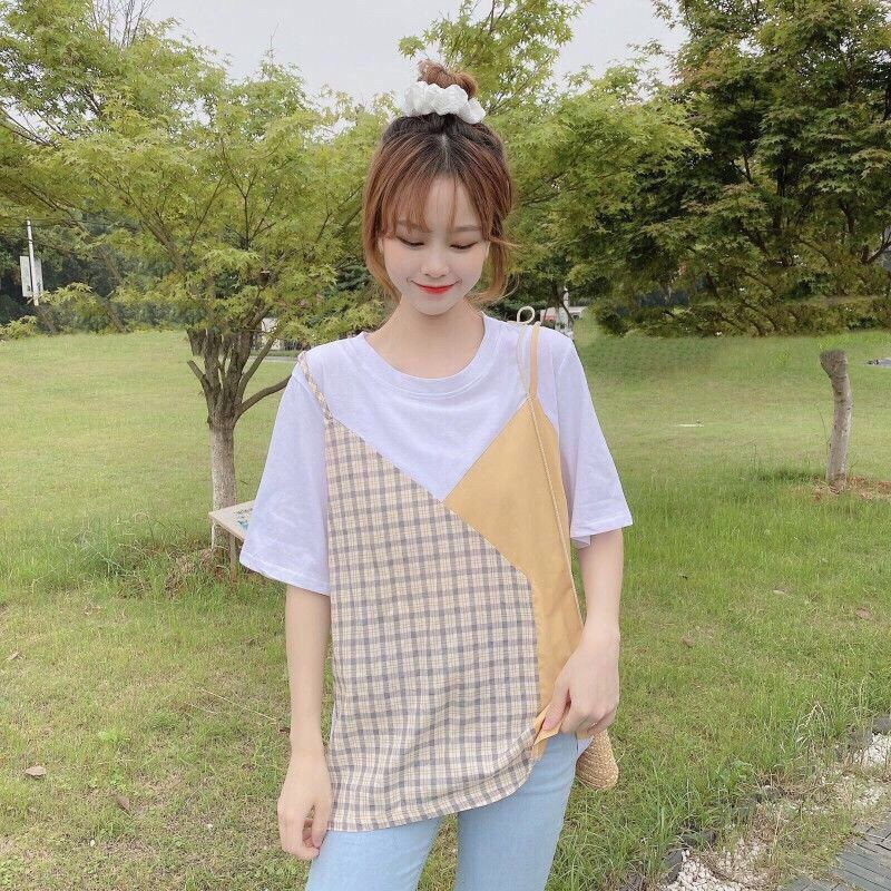 Áo Thun Giả Hai Mảnh Tay Ngắn Dáng Rộng Thời Trang Xuân Hè Năm 2021 Cho Bạn Gái