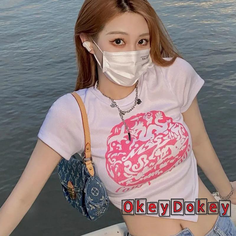 Áo Thun Crop Top Tay Ngắn Cổ Tròn In Họa Tiết Phong Cách Vintage Dành Cho Nữ