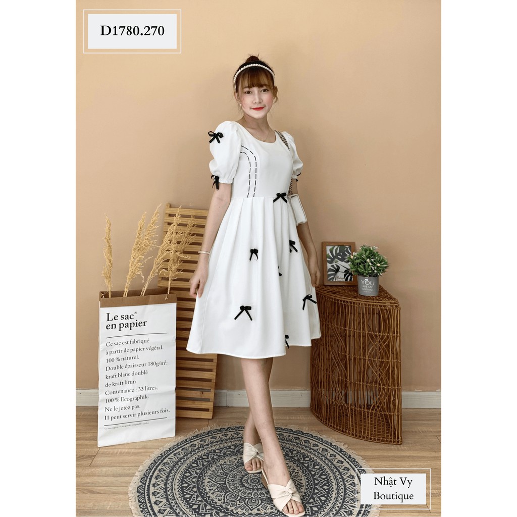Đầm Nữ NHẬT VY Đính Nơ Viền Chỉ Chất Cotton Đi Tiệc Dáng Xòe Màu Đỏ, Đen, Trắng - D1780