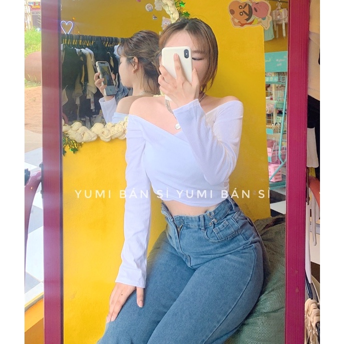 Áo Croptop Tay Dài Đắp Chéo Chất Thun Gân Kiểu Mới YUMI BÁN SỈ Áo Dài Tay Trễ Vai Đắp Chéo Siêu Hot 2022