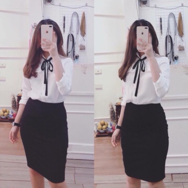 Áo Sơ mi nữ nơ viền bèo + Hình thật