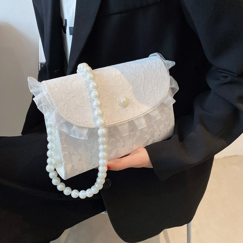 Lace Mesh Handbag Special-Interest Design High Sense Fairy Gentle Style Elegance Retro Pearl Chain Crossbody Bag